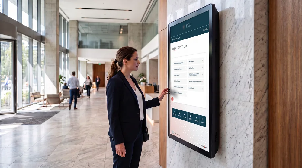 a sleek digital directory screen with a glowing tenant list and floor map, a visitor calmly reading it.