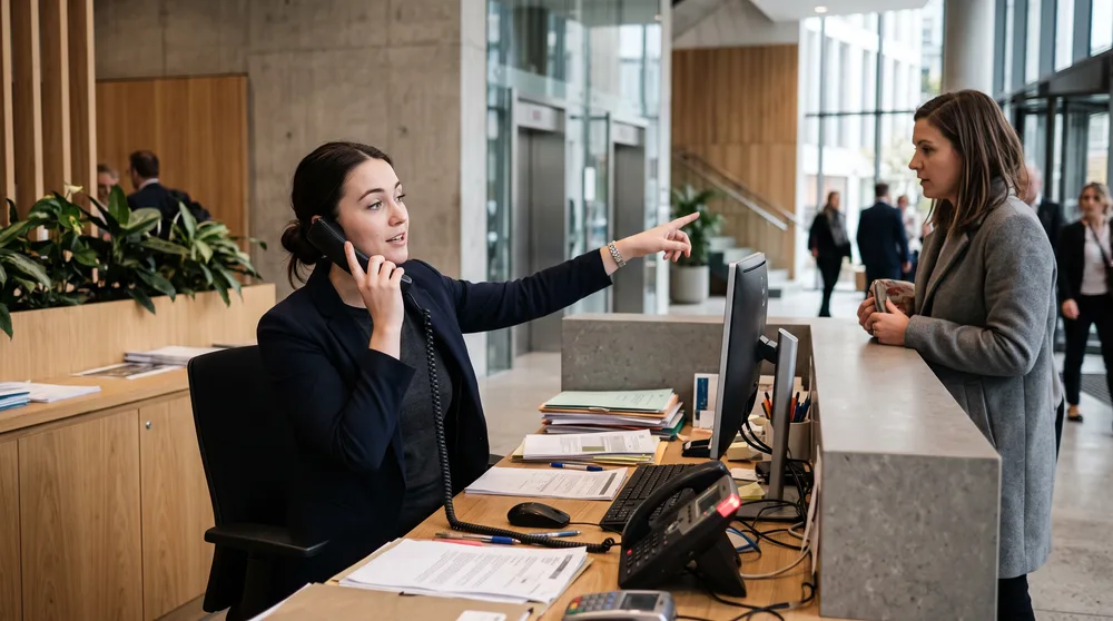 a front desk receptionist juggling a phone call and giving directions to a visitor, papers piling up.
